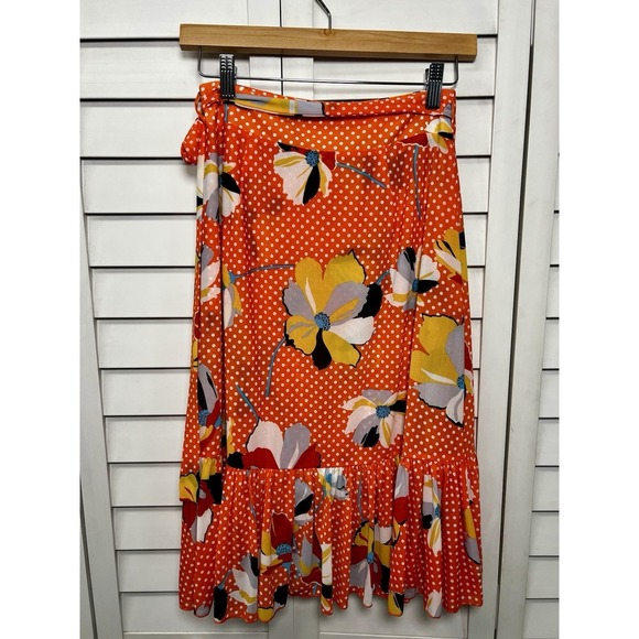 CAbi Polka Dot Floral Retro Pinup Ruffle Wrap Skirt #6199 Size XS Tangerine - Picture 9 of 11